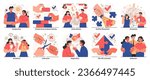 Conflict management set. Character with conflict resolution skill. Person resolve a confrontation, find compromise on opposite opinions. Negotiation and mediation skill. Flat vector illustration