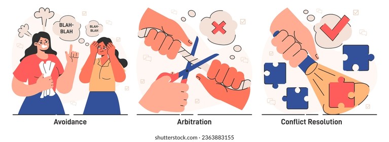 Conflict management set. Character with conflict resolution skill. Person resolve a confrontation, find compromise on opposite opinions. Negotiation and mediation skill. Flat vector illustration