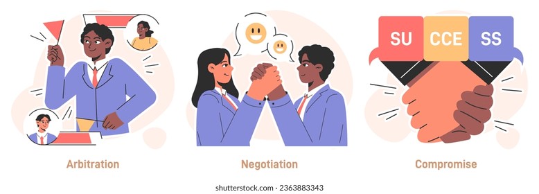 Conflict management set. Character with conflict resolution skill. Person resolve a confrontation, find compromise on opposite opinions. Negotiation and mediation skill. Flat vector illustration