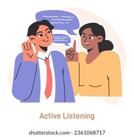 Conflict management skill. Character with active listening skill. Effective communication, positive interaction with surrounding people. Teamwork building. Flat vector illustration