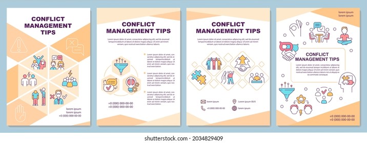 Conflict management tips brochure template. Human relations. Flyer, booklet, leaflet print, cover design with linear icons. Vector layouts for presentation, annual reports, advertisement pages