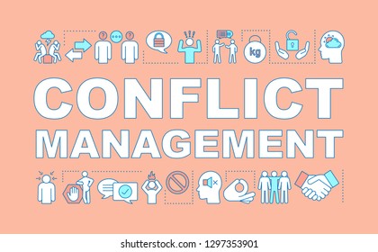 Conflict management word concept banner. Overworking, frustration. Stress overcaming. Calming and relaxing. Anxiety coping. Isolated lettering idea with linear icons. Vector outline illustration