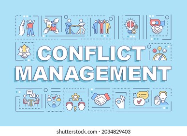 Conflict Management Word Concepts Banner. Handling Relationships At Work. Infographics With Linear Icons On Blue Background. Isolated Creative Typography. Vector Outline Color Illustration With Text