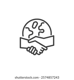 Conflict Mediation line icon. linear style sign for mobile concept and web design. Two hands shaking above a globe outline vector icon. Collaboration, and cooperation symbol, logo illustration