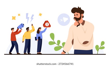 Conflict and misunderstanding concept with group arguing and one person staying quiet, useful for communication, workplace, or relationship topics isolated on white background vector illustration