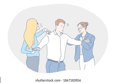Conflict, misunderstanding, problems in communication concept. Young man standing between angry arguing fighting women and trying to calm them down. Problems with mutual understanding and quarrelling