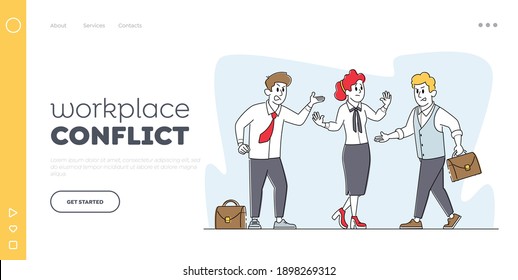 Conflict in Office Landing Page Template. Businesswoman Character Mediator Stop Arguing Businessmen. Disagreement, Business Men Fight, Competition for Leadership. Linear People Vector Illustration