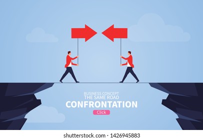 Conflict on the cliff, two businessmen holding arrows on the cliff