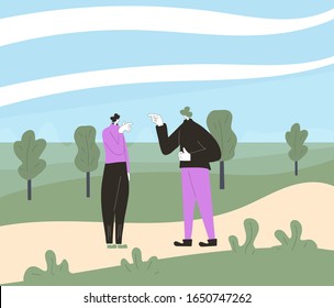 Conflict. Pair of people during argument at the park. Quarrel concept. Bad relationship between friends or family members. Vector flat color illustration.