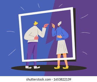 Conflict. Pair of people during argument. Quarrel concept. Bad relationship between friends or family members. Vector flat color illustration.