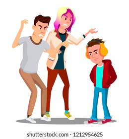 Conflict With Parents, Father And Mother Scolding Teenager Vector. Isolated Illustration