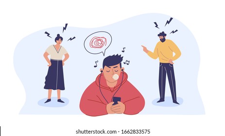 Conflict with parents, father and mother scolding a teenage boy. A teenage boy ignores his parents. Children's misunderstanding with their families. Vector characters.