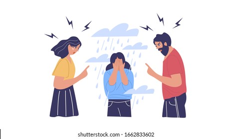 Conflict with parents, father and mother scolding a teenage girl. Adolescent girl under stress, depression. Children's misunderstanding with their families. Vector characters.