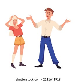 Conflict People Have Nervous Conversation, Talk, Swear. Misunderstanding, Quarrels In Family, Irritated Partners, Couple In Bad Toxic Relationship. Flat Vector Illustration Isolated On White