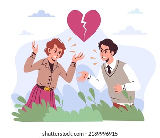 Conflict in relationship between man and woman, aggressive disputes. Family emotional conversation, broken heart. Unhappy angry people, wife and husband. Vector cartoon flat concept