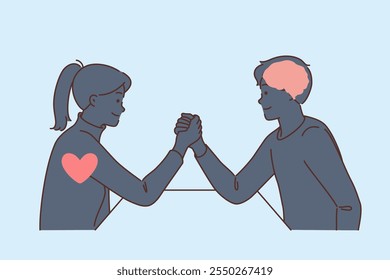 Conflict in relationship between man and woman due to differences in use of intellect or emotion to make decisions. Boyfriend and girlfriend engage in arm wrestling to determine leader in relationship