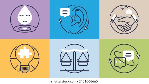 Conflict resolution with active listening and communication outline grid concept. Negotiation and search for solution in business discussion or challenge vector illustration. Effective leadership.