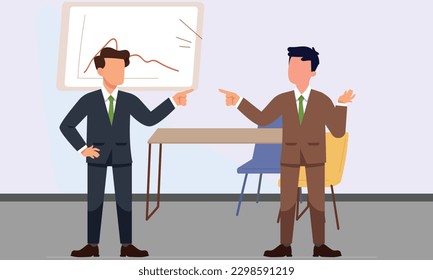 Conflict resolution and conflict between two person at office work blaming each other pointing finger quarrelling business person for loss project business downfall. blaming each other pointing finger