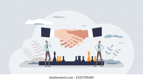 Conflict resolution in business with smart tactics and strategy tiny person concept. Solved problem with agreement, deal and final handshake as professional challenge solution vector illustration.