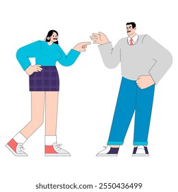Conflict resolution concept. A female and male coworker engage in a workplace disagreement. Open communication challenge in corporate settings. Vector illustration.