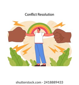 Concepto de resolución de conflictos. Los intermediarios individuales entre las fuerzas opositoras, que representan la paz y la solución de problemas. Metáfora visual para la diplomacia. Ilustración vectorial plana