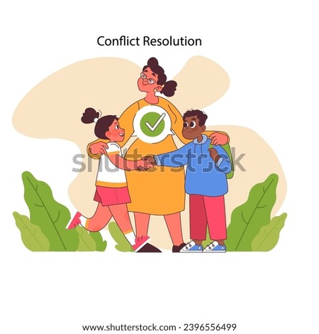 Conflict Resolution concept. Mediator resolving children's dispute with approval. Peaceful problem-solving among young friends. Flat vector illustration