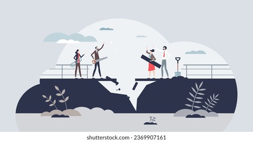 Conflict resolution in corporate world to restore business team tiny person concept. Collaboration and partnership after disagreement solving vector illustration. Businessman builds or fix bridge.