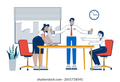 Conflict resolution doodle cartoon illustration. Business mediation negotiation. HR manager calming down colleagues argument 2D flat characters isolated on white. Doodleart hand-drawn drawing colorful - Powered by Shutterstock - Get 15% off with code: PIKWIZARD15