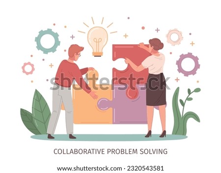 Conflict resolution flat cartoon with man and woman solving jigsaw puzzle vector illustration