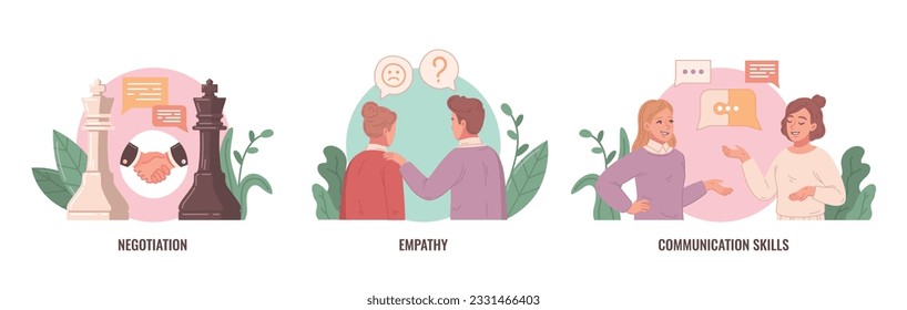 Conflict resolution flat cartoon set with negotiations and empathy symbols isolated vector illustration