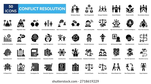 Conjunto De Ícones De Glifo De Resolução De Conflitos. Conflito no local de trabalho, desacordo de equipe, mediação de gerente, facilitador neutro, tensão passiva, momento de reconciliação, dinâmica de equipe, escuta ativa