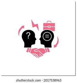 Conflict resolution glyph icon.Conflict between two persons.Peaceful solution to disagreement.Resolves issues sensibly and fairly.Filled flat sign.Isolated silhouette vector illustration