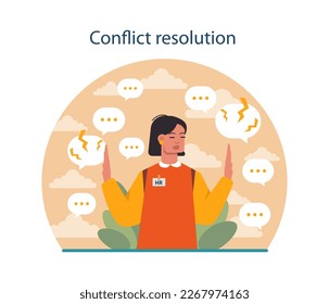 Conflict resolution. Human resources manager soft skills. HR agent competencies and professional ethic. Job recruitment, coaching and personnel efficiency improvement. Flat vector illustration