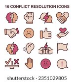 Conflict resolution icons set. Soft skill development. Dispute or argument reconciliation, compromise on opposite opinions. Negotiation process. Flat vector illustration