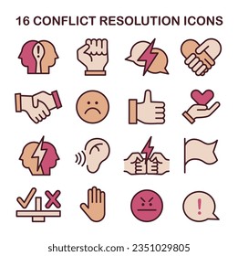 Conflict resolution icons set. Soft skill development. Dispute or argument reconciliation, compromise on opposite opinions. Negotiation process. Flat vector illustration