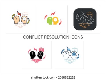 Conflict resolution icons set.Conflict between two persons.Peaceful solution to disagreement.Resolves issues.Collection of icons in linear, filled, color styles.Isolated vector illustrations