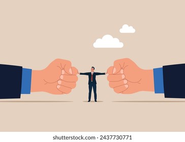 Conflict resolution. Lawyer separating two fist glove opposing. Flat vector illustration