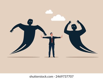Conflict resolution. Lawyer separating two evil monster shadow opposing. A dangerous malware, new technological problems. Flat vector illustration