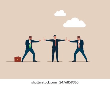 Conflict resolution. Lawyer separating two businessman opposing. Flat vector illustration