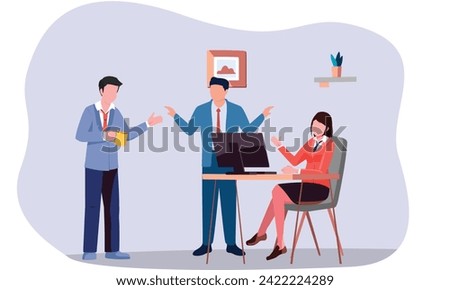 Conflict Resolution and Conflict Management at Work, Mediator for irritation, quarreling two angry person quarreling and Mediator Resolution Skill. Conflict at workplace with boss screaming employee