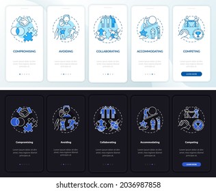 Conflict resolution onboarding mobile app page screen. Work relations walkthrough 5 steps graphic instructions with concepts. UI, UX, GUI vector template with linear night and day mode illustrations