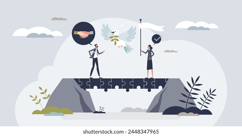 Conflict resolution and peaceful business agreement tiny person concept. Find solution and compromise with settlement after negotiations resolving and successful communication vector illustration.