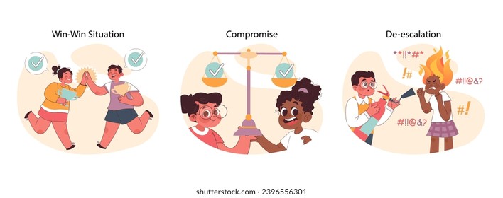 Conflict resolution set for children. Joy of a win-win outcome, the balance of compromise, and calming down from a tantrum. Techniques for peace and harmony. Flat vector illustration