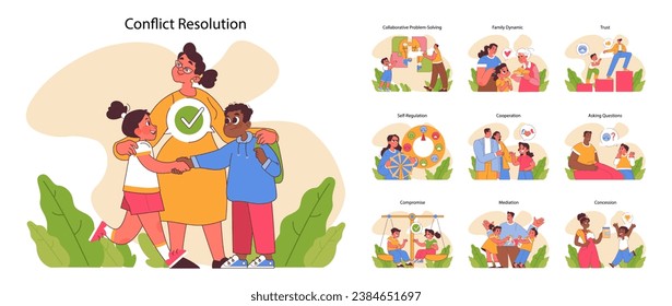 Conflict Resolution set. Harmonious interactions showcased through familial and social scenarios. From trust-building to cooperative compromises. Flat vector illustration