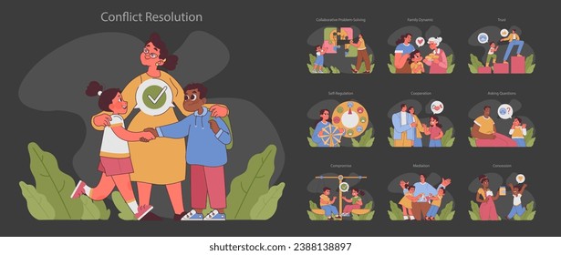 Conflict Resolution set. Harmonious interactions showcased through familial and social scenarios. From trust-building to cooperative compromises. Flat vector illustration