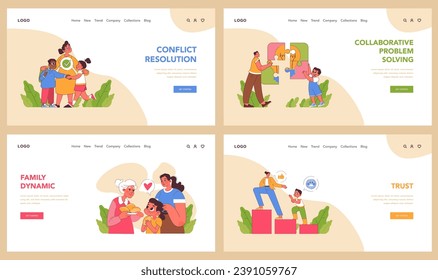 Conflict Resolution set. Harmonious interactions showcased through familial and social scenarios. From trust-building to cooperative compromises. Flat vector illustration