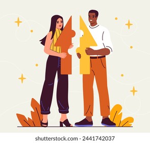 Conflict resolution skills. Man and woman with colorful parts of arrow. Colleagues and partners work at common project. Collaboration and cooperation. Cartoon flat vector illustration