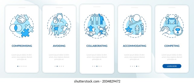Conflict resolution strategy blue onboarding mobile app page screen. Work relations walkthrough 5 steps graphic instructions with concepts. UI, UX, GUI vector template with linear color illustrations