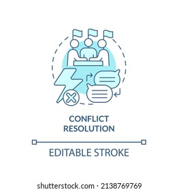 Icono de concepto turquesa de resolución de conflictos. Construcción de la paz. Ilustración de línea delgada de idea abstracta de seguridad comunitaria. Dibujo de contorno aislado. Trazo editable. Fuentes Arial, Myriad Pro-Bold utilizadas