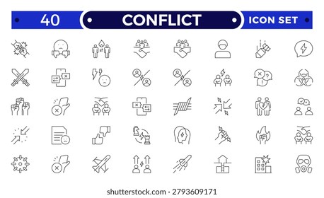 Conflict Resolution and Workplace Dispute Outline Icon Set with Argument, Leadership, Teamwork, Competition, Bullying, Crisis, and Problem-Solving Symbols for Business and Human Resources Design.
